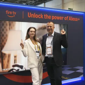 Blaupunkt and Fire TV representatives at the Alexa+ wall, IFA 2026