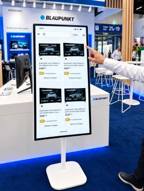 Blaupunkt Mobile Smart Screen in portrait mode as a touch kiosk at IFA 2026