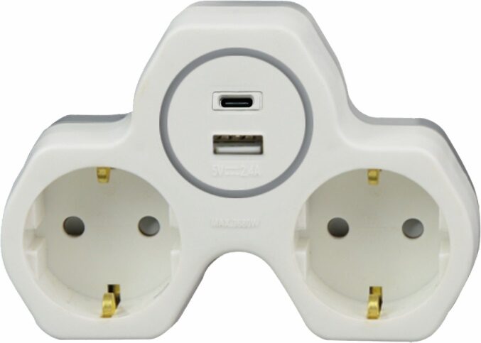 Plug Adapter – 2 Outlets + USB