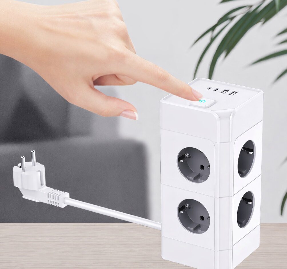 Compact Tower Power Strip – 5 Outlets + USB