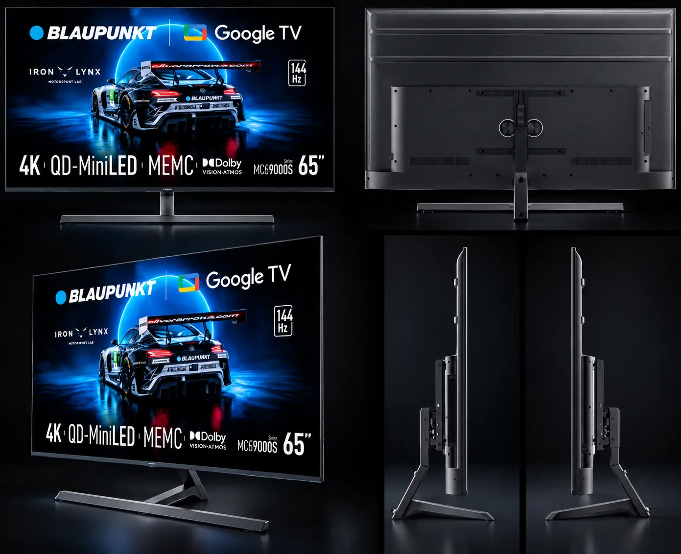 Blaupunkt MCG9000S with its premium central rotating stand: front, back and side views