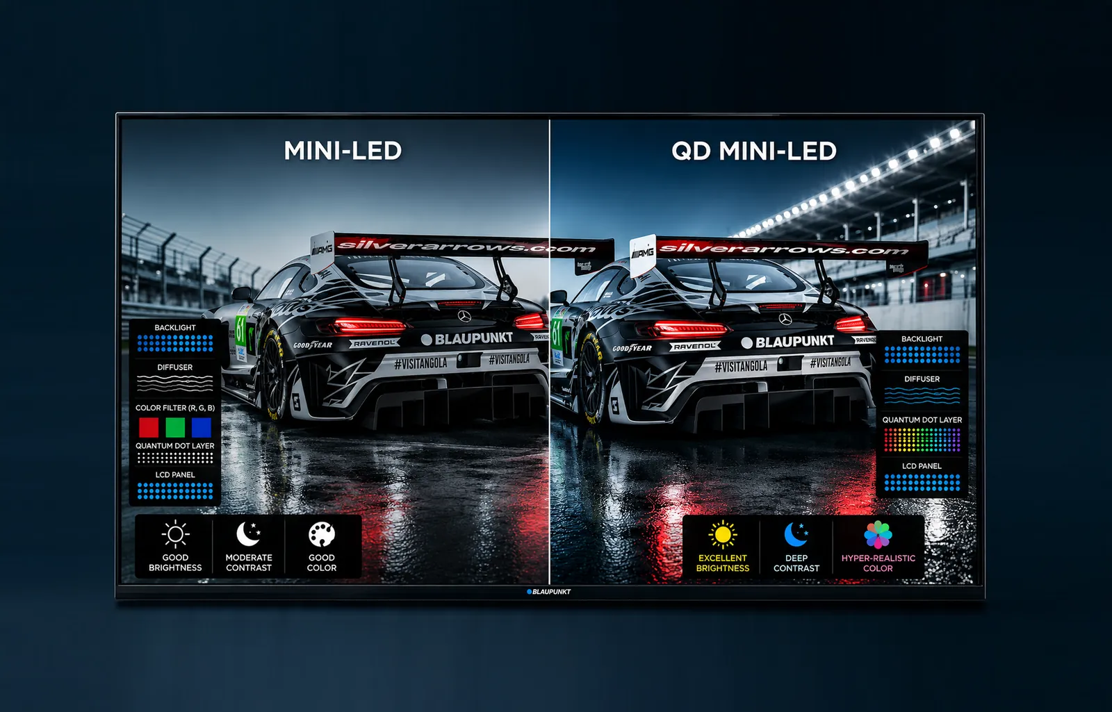 Mini-LED vs QD-MiniLED: backlight, quantum dot layer, brightness, contrast and colour compared